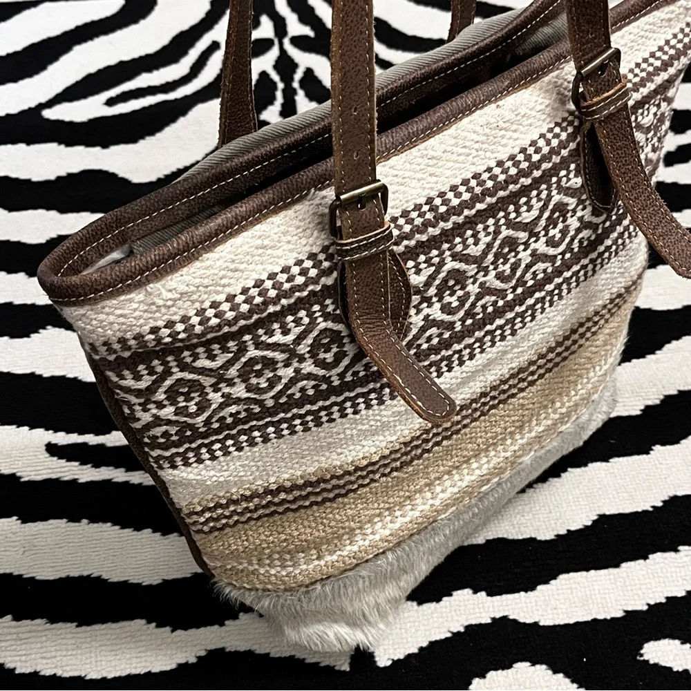 Myra Bag Beige Tribal Patterned Tote Bag Canvas Calf Hair Leather Straps